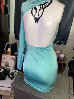 Open-Back One-Sleeve Mini Dress in Aqua